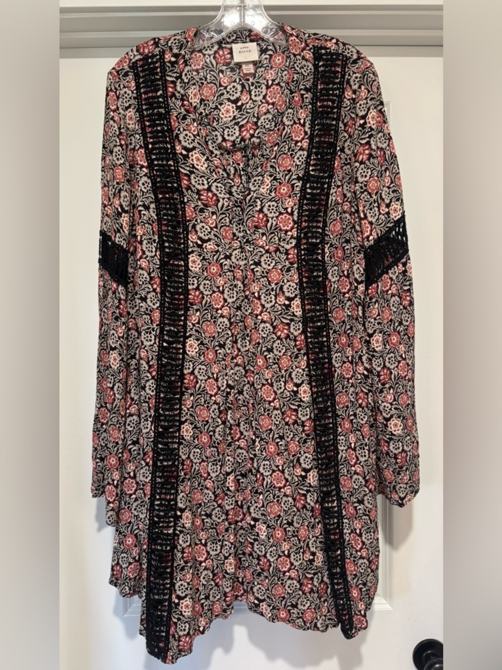 Knox Rose‎ Black & Rust Floral Boho Dress with Crochet Trim Size XL